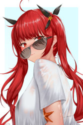 Rule 34 | 1girl, absurdres, artist name, azur lane, blush, breasts, closed mouth, from side, glasses, highres, honolulu (azur lane), ichikushi mojibake, large breasts, long hair, looking at viewer, looking over eyewear, looking over glasses, looking to the side, red eyes, red hair, shirt, simple background, solo, starfish, sunglasses, tinted eyewear, twintails, wet, wet clothes, wet shirt, white shirt
