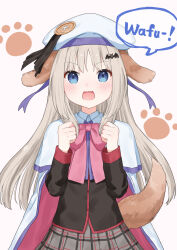 Rule 34 | 1girl, :d, animal ears, beret, black jacket, blue eyes, blush, bow, cape, clenched hands, commentary, cowboy shot, dog ears, dog girl, dog tail, fangs, floating hair, grey hair, hands up, hat, highres, jacket, kirima (zs at ), little busters!, little busters! school uniform, long hair, long sleeves, looking at viewer, noumi kudryavka, open mouth, paw print, pink bow, school uniform, sidelocks, simple background, smile, solo, speech bubble, straight-on, tail, very long hair, white background, white cape, white hat