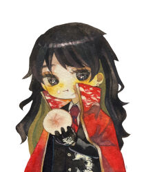 Rule 34 | 1boy, baozi, black eyes, black gloves, black hair, black jacket, cape, chewing, chun (project moon), closed mouth, collared shirt, commentary request, crumbs, earclip, facial scar, food, gloves, holding, holding food, jacket, library of ruina, long hair, long sleeves, male focus, mochigome 138, necktie, painting (medium), project moon, red cape, red necktie, scar, scar on cheek, scar on face, shirt, simple background, solo, traditional media, upper body, watercolor (medium), white background, white hair