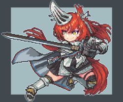 Rule 34 | 1girl, animal ears, arknights, armored boots, black cape, black skirt, boots, border, cape, ear covers, ear tag, earpiece, fighting stance, flametail (arknights), full body, gauntlets, grey background, grey border, holding, holding sword, holding weapon, knee pads, long hair, outside border, pixel art, ponytail, red hair, simple background, skirt, smile, solo, squirrel ears, squirrel tail, sword, tail, weapon, yamaruko (nymin10lcx), yellow eyes