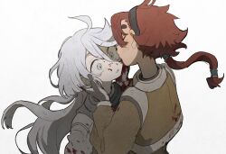 Rule 34 | 2girls, ahoge, black hairband, blood, blood in hair, blood on clothes, blood on face, blood on hands, floating hair, from side, grey eyes, grey hair, gundam, gundam suisei no majo, hair between eyes, hairband, hands on another&#039;s face, highres, imminent kiss, long hair, low ponytail, minamip, miorine rembran, multiple girls, pilot suit, ptsd, red hair, simple background, spacesuit, suletta mercury, thick eyebrows, upper body, white background, wide-eyed, yuri