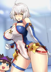 Rule 34 | 1boy, 1girl, absurdres, ahoge, altronage, armor, bare shoulders, blue eyes, blush, blush stickers, bradamante (fate), bradamante (first ascension) (fate), breasts, brown hair, cleavage, elbow gloves, fate/grand order, fate (series), faulds, fujimaru ritsuka (male), gloves, hair between eyes, highres, jeanne d&#039;arc (fate), jeanne d&#039;arc alter (avenger) (fate), jeanne d&#039;arc alter (fate), large breasts, leotard, looking at viewer, object on head, open mouth, panties, panties on head, purple panties, riyo (lyomsnpmp) (style), short hair, silver hair, spiked hair, thigh strap, thighs, underwear, yellow eyes