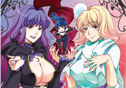 Rule 34 | 1boy, 2girls, blonde hair, blue hair, blush stickers, breasts, chibi, cleavage, crescent moon, dual persona, earrings, higashisroom, jewelry, large breasts, lipstick, long hair, macross, macross frontier, macross frontier: itsuwari no utahime, makeup, moon, multiple girls, nail polish, necklace, pilot suit, ponytail, purple lips, purple nails, saotome alto, sheryl nome