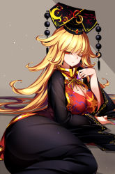 Rule 34 | 1girl, absurdres, ass, black dress, black hat, blonde hair, breasts, chinese clothes, cleavage, cleavage cutout, clothing cutout, dress, eyelashes, grey background, hat, highres, junko (touhou), large breasts, long hair, long sleeves, looking at viewer, lying, mature female, nail polish, one eye closed, purple nails, raptor7, red eyes, solo, tabard, touhou, very long hair, white background, wide sleeves