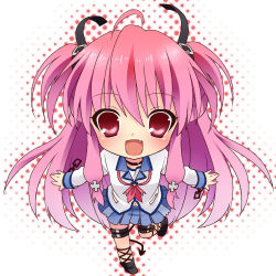 Rule 34 | 10s, 1girl, :d, angel beats!, bad id, bad pixiv id, chibi, demon tail, etou (cherry7), fang, long hair, looking at viewer, lowres, open mouth, pink eyes, pink hair, school uniform, serafuku, simple background, smile, solo, tail, two side up, very long hair, white background, yui (angel beats!)