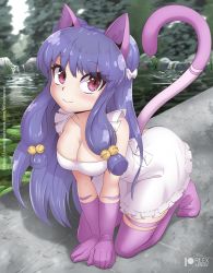 Rule 34 | 1girl, animal ears, apron, bell, blue hair, breasts, cat ears, cat tail, cleavage, closed mouth, collarbone, full body, gloves, highres, jingle bell, kneeling, large breasts, long hair, looking at viewer, naked apron, outdoors, pond, purple eyes, purple gloves, purple thighhighs, ranma 1/2, rilex lenov, shampoo (ranma 1/2), sidelocks, smile, solo, tail, thighhighs, tile floor, tiles