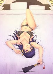 Rule 34 | 1girl, artist name, bed, bed sheet, black bra, black hair, black panties, blunt bangs, bra, breasts, cleavage, collarbone, dead or alive, dead or alive 5, folding fan, hair ornament, hand fan, highres, holding, holding fan, indoors, knee up, lace, lace bra, lace panties, large breasts, leartni, long hair, looking at viewer, lying, navel, nyotengu, on bed, panties, parted lips, pillow, purple eyes, solo, underwear, underwear only, upside-down