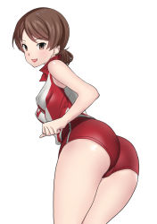 Rule 34 | 1girl, ass, breasts, brown eyes, brown hair, commentary, cowboy shot, from behind, girls und panzer, highres, kawanishi shinobu, leaning forward, looking at viewer, looking back, open mouth, red shirt, red shorts, shirt, short hair, short ponytail, short shorts, shorts, simple background, single vertical stripe, sleeveless, sleeveless shirt, small breasts, smile, solo, sportswear, standing, swept bangs, volleyball uniform, white background, yamano rita