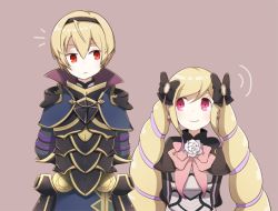 Rule 34 | 1boy, 1girl, armor, bad id, bad twitter id, blonde hair, brother and sister, elise (fire emblem), fire emblem, fire emblem fates, hair ribbon, hairband, leo (fire emblem), long hair, nintendo, red eyes, ribbon, siblings, simple background, t-itohei, twintails