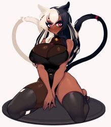 Rule 34 | 1girl, animal ears, arms behind legs, asymmetrical bodysuit, asymmetrical hair, bare arms, bare shoulders, black bodysuit, black eyeliner, black hair, black leotard, black thighhighs, blush, bodysuit, breast press, breasts, cat ears, cat girl, cat tail, closed mouth, collarbone, commission, dark-skinned female, dark skin, embarrassed, eyebrows, eyelashes, eyeliner, eyeshadow, female focus, foot out of frame, heart, heart-shaped pupils, heart tail, highres, huge breasts, leotard, long hair, looking at viewer, makeup, multicolored hair, multiple tails, naughty face, nekomata, nose blush, original, red eyes, sachiko shirayuki, simple background, sitting, sleeveless, sleeveless bodysuit, solo, stirrup legwear, strapless, strapless leotard, symbol-shaped pupils, tail, thick thighs, thighhighs, thighs, toeless legwear, two-tone hair, v arms, wariza, white background, white hair