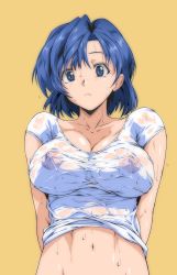 Rule 34 | 1girl, arm behind back, blue eyes, blue hair, breasts, closed mouth, collarbone, highres, navel, nipples, sakura na omiki, see-through, shirt, short hair, simple background, solo, super real mahjong, wet, wet clothes, wet shirt, yellow background, yuu (super real mahjong)