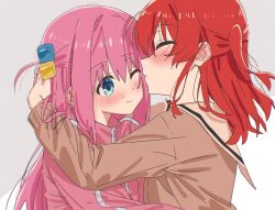 Rule 34 | 2girls, blue eyes, blush, bocchi the rock!, closed eyes, closed mouth, cube hair ornament, gotoh hitori, hair ornament, highres, jacket, kita ikuyo, long hair, long sleeves, multiple girls, one eye closed, one side up, pink hair, pink jacket, red hair, school uniform, shuka high school uniform, simple background, to9 722, track jacket, upper body, white background