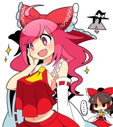 Rule 34 | ..., 2girls, :&lt;, :d, alternate costume, bemani, blush, bow, breast envy, brown hair, chibi, cosplay, crossover, detached sleeves, hair bow, hair tubes, hakurei reimu, hakurei reimu (cosplay), kirisame marisa, kirisame marisa (cosplay), multiple girls, mzh, open mouth, pink eyes, pink hair, rasis, smile, sound voltex, sound voltex ii infinite infection, star-shaped pupils, star (symbol), symbol-shaped pupils, touhou, white background