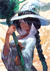 Rule 34 | 1girl, bandages, black hair, braid, dark-skinned female, dark skin, green eyes, hat, highres, holding, holding staff, lack, looking at viewer, original, plant, ponytail, smile, solo, staff, very dark skin, white witch (lack), witch, witch hat