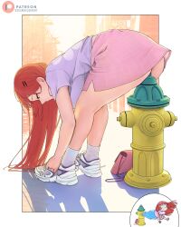 Rule 34 | 1girl, absurdres, aki-chan (dismaiden), ass, bag, bent over, border, chibi, chibi inset, commentary, dismaiden, english commentary, fire hydrant, from side, hair ornament, hairclip, highres, long hair, miniskirt, multiple views, original, outside border, patreon logo, pink bag, pink skirt, profile, purple shirt, red hair, shadow, shirt, shoes, short sleeves, shoulder bag, skirt, sneakers, socks, twitter username, tying footwear, underbutt, very long hair, water, white border, white footwear, white socks