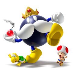 Rule 34 | 3boys, 3d, absurdres, blue vest, bomb, crown, explosive, facial hair, gloves, highres, holding, holding bomb, king bob-omb, koopa troopa, mario (series), mario party, mario party 9, multiple boys, mustache, nintendo, official art, open mouth, red toad (mario), running, shadow, shoes, simple background, standing, standing on one leg, toad (mario), transparent background, vest, white gloves, yellow footwear