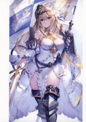 Rule 34 | 1girl, absurdres, armor, armored boots, blue eyes, boots, breasts, character name, dress, flag, frills, gauntlets, granblue fantasy, hair ornament, highres, holding, holding sword, holding weapon, jeanne d&#039;arc (granblue fantasy), long hair, looking at viewer, medium breasts, pelvic curtain, simple background, solo, sword, watao, weapon