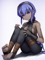 Rule 34 | 1girl, ankle wrap, bandages, bare shoulders, barefoot, breast press, breasts, collarbone, dark-skinned female, dark skin, fate/grand order, fate/prototype, fate/prototype: fragments of blue and silver, fate (series), fingerless gloves, full body, gloves, hairband, haribote (desk of coulomb), hassan of serenity (fate), looking at viewer, medium breasts, parted lips, purple eyes, purple hair, sash, short hair, sitting, skin tight, solo, toeless legwear, toes