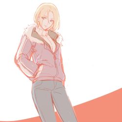 Rule 34 | 1girl, blonde hair, blue eyes, blue mary, bob cut, casual, denim, fatal fury, fur trim, hands in pockets, hood, hoodie, jacket, jeans, looking at viewer, pants, purple jacket, short hair, smile, solo, straight hair, sweater, tb (spr1110), the king of fighters, turtleneck, turtleneck sweater, white background