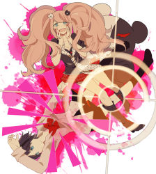 Rule 34 | 2girls, arm above head, arm up, arms up, bear hair ornament, black hair, black shirt, blonde hair, blood, blood on clothes, blood splatter, blue eyes, boots, bra, breasts, brown skirt, calf boots, calf socks, cleavage, collarbone, collared shirt, crosshair, danganronpa: trigger happy havoc, danganronpa (series), enoshima junko, full body, hair ornament, hand up, hands on own face, hands up, highres, ikusaba mukuro, leather, leather boots, long hair, long sleeves, looking at viewer, looking down, medium hair, miniskirt, monokuma, multicolored background, multiple girls, neck ribbon, necktie, neckwear request, plaid, plaid skirt, pleated skirt, polka dot necktie, polka dot neckwear, pulling at clothes, red ribbon, red skirt, ribbon, shirt, short sleeves, siblings, simple background, sisters, sitting, sitting on person, skirt, skirt grab, turning head, twins, twintails, underwear, white background, white shirt