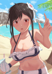 Rule 34 | 1girl, absurdres, beach, bikini, black hair, blue sky, breasts, cleavage, cloud, collarbone, commentary request, cup, day, drinking straw, final fantasy, final fantasy vii, flower, hair flower, hair ornament, highres, holding, holding cup, looking at viewer, medium breasts, navel, ocean, open mouth, outdoors, palm tree, red eyes, shiratamaaji, sidelocks, sky, smile, solo, swimsuit, tifa lockhart, tree, white bikini, white flower