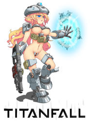 Rule 34 | 1girl, assault rifle, blonde hair, blue eyes, breasts, c-string, crotch plate, electricity, electrokinesis, energy barrier, energy shield, gauntlets, geworin, gun, helmet, large breasts, long hair, mecha musume, missile, ogre (titanfall), open mouth, pointy ears, rifle, shield, simple background, solo, strapless bottom, titanfall, titanfall (series), underboob, weapon, white background