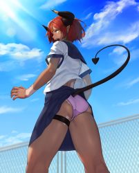 Rule 34 | 1girl, ass, beeeeen, blouse, blue sailor collar, blue sky, clothes lift, cloud, commentary request, crotch seam, dark-skinned female, dark skin, day, fence, from behind, from below, highres, horns, inconvenient tail, legs apart, lifted by tail, looking at viewer, looking back, looking down, mole, mole on thigh, original, outdoors, panties, pantyshot, pointy ears, profile, purple panties, red hair, sailor collar, school uniform, serafuku, shirt, short hair, short sleeves, skirt, skirt lift, sky, solo, standing, tail, tally, tan, tanline, thigh strap, underwear, white shirt, yellow eyes
