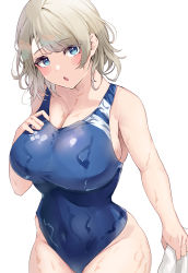 Rule 34 | 1girl, :o, absurdres, bare arms, bare shoulders, blue eyes, blue one-piece swimsuit, blush, breasts, cleavage, competition swimsuit, covered navel, grey hair, highres, holding, holding towel, large breasts, looking at viewer, love live!, love live! sunshine!!, medium hair, namazu (yamasonson), one-piece swimsuit, open mouth, simple background, solo, swimsuit, towel, watanabe you, wet, white background