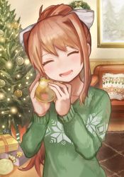 Rule 34 | 1girl, :d, ^ ^, alternate costume, bow, brown hair, buchi0122, christmas, christmas ornaments, christmas tree, closed eyes, collarbone, commentary request, doki doki literature club, facing viewer, food, green eyes, green sweater, hair ribbon, head tilt, highres, holding, holding food, indoors, long hair, long sleeves, looking at viewer, monika (doki doki literature club), open mouth, ponytail, ribbon, sidelocks, smile, solo, sweater