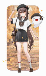 Rule 34 | 1girl, :d, absurdres, autumn leaves, bag, bag charm, black skirt, boo tao (genshin impact), brown footwear, brown hair, cameo, camera, character charm, character doll, charm (object), collarbone, commentary request, full body, genshin impact, ghost, hair between eyes, hat, highres, holding, holding camera, hu tao (genshin impact), jewelry, kneehighs, leaf, long hair, looking at viewer, malon (chuan2700), maple leaf, midriff, open mouth, orange eyes, pleated skirt, porkpie hat, ring, school bag, school uniform, serafuku, shoes, short sleeves, shoulder bag, sidelocks, skirt, smile, socks, standing, symbol-shaped pupils, twin-lens reflex camera, twintails, v, white socks, zhongli (genshin impact)