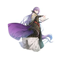 Rule 34 | 1girl, :o, absurdly long hair, artist request, black dress, black feathers, book, cape, casting spell, dress, feathers, fire emblem, fire emblem heroes, hair between eyes, holding, holding book, long dress, long hair, nintendo, official art, outstretched hand, purple eyes, purple hair, solo, sophia (fire emblem), transparent background, very long hair