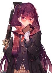 Rule 34 | 1girl, blush, box, coat, commentary request, enpera, gift, gift box, girls&#039; frontline, gloves, hair ornament, highres, long hair, long sleeves, official alternate costume, one side up, open mouth, purple hair, red eyes, red neckwear, scarf, simple background, snowflake hair ornament, snowflake print, solo, soukou makura, stuffed animal, stuffed reindeer, stuffed toy, upper body, wa2000 (date in the snow) (girls&#039; frontline), wa2000 (girls&#039; frontline), white background, white gloves