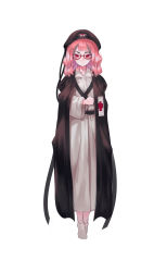 Rule 34 | 1girl, absurdres, bad id, bad pixiv id, bag, black cloak, boots, clenched hand, cloak, coat, collared coat, commentary request, cross, cross print, full body, glasses, hat, highres, long sleeves, looking at viewer, medium hair, no shoes, nurse, original, pink coat, pink hair, red cross, red eyes, simple background, socks, solo, standing, torriet, white background, white socks