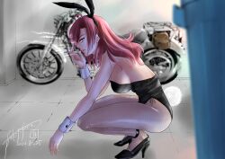 1girl absurdres aozaki_touko breasts cigarette earrings expressionless fishnets hair_down high_heels highres holding holding_cigarette jewelry kara_no_kyoukai large_breasts leotard long_hair looking_at_viewer motor_vehicle motorcycle playboy_bunny red_eyes red_hair sideboob signature smoking sorano_tsukiyo squatting trash_can wrist_cuffs