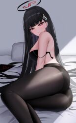 1girl ass black_bra black_hair black_halo black_panties black_pantyhose blue_archive bra breasts bright_pupils doham hair_ornament halo highres large_breasts long_hair on_bed panties pantyhose pillow red_eyes rio_(blue_archive) underwear undone_bra very_long_hair