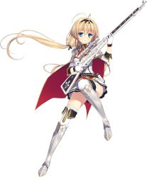 Rule 34 | 1girl, absurdres, armor, armored boots, armored dress, blonde hair, blue eyes, bolt action, boots, cape, full body, game cg, gloves, greaves, gun, hairband, highres, juukishi cutie bullet, long hair, low twintails, necktie, pauldrons, rifle, sara tefal, school uniform, shoulder armor, sniper rifle, solo, thigh boots, thighhighs, transparent background, twintails, very long hair, weapon, white footwear, white thighhighs, yuuki hagure, zettai ryouiki