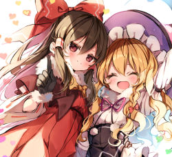 Rule 34 | 2girls, alternate costume, arm around waist, black gloves, black headwear, blonde hair, blush, bow, bowtie, braid, brown hair, commentary request, closed eyes, fur-trimmed gloves, fur collar, fur trim, gloves, hair between eyes, hair bow, hair tubes, hakurei reimu, hand on another&#039;s hip, hat, heart, index finger raised, kirisame marisa, long hair, long sleeves, looking at viewer, multiple girls, open mouth, pink neckwear, piyokichi, pom pom (clothes), red bow, shirt, single braid, smile, touhou, upper body, white shirt, witch hat, yellow neckwear