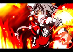 Rule 34 | 1girl, bad id, bad pixiv id, female focus, fire, foreshortening, from behind, fujiwara no mokou, grin, hair ribbon, letterboxed, long hair, long sleeves, momijioroshi, overalls, purple hair, red eyes, ribbon, smile, solo, touhou