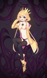 Rule 34 | 1girl, bad id, bad pixiv id, bikini, bikini bottom only, blonde hair, blush, breasts, cleavage, crown, cthulhu mythos, earrings, fang, genderswap, genderswap (mtf), grey background, hastur, highres, jacket, jewelry, hastur, looking at viewer, medium breasts, necklace, off shoulder, open clothes, open jacket, open mouth, purple eyes, revealing clothes, short hair with long locks, sitting, solo, swimsuit, tentacles, thighhighs, topu, wings
