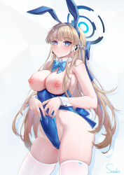 Rule 34 | 1girl, animal ears, aqua bow, aqua bowtie, blonde hair, blue archive, blue bow, blue eyes, blue hairband, blue leotard, blue nails, bow, bowtie, braid, breasts, covered navel, cowboy shot, detached collar, earpiece, fake animal ears, fake tail, french braid, hair bow, hairband, halo, highleg, highleg leotard, highres, large breasts, leotard, long hair, looking at viewer, nail polish, nipples, official alternate costume, playboy bunny, rabbit ears, rabbit tail, skindentation, solo, standing, stardust (chen&#039;ai weiding), tail, thighhighs, toki (blue archive), toki (bunny) (blue archive), very long hair, white thighhighs, white wrist cuffs, wrist cuffs