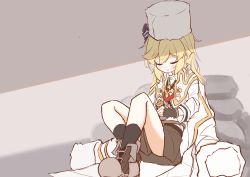 Rule 34 | 1girl, absurdres, black socks, blonde hair, blush, boots, brown footwear, brown shorts, can, closed eyes, fur hat, girls&#039; frontline, hat, highres, holding, holding can, jacket, knees up, long hair, long sleeves, matsuo (matuonoie), nagant revolver (girls&#039; frontline), parted lips, shirt, short shorts, shorts, sitting, socks, solo, white hat, white jacket, white shirt