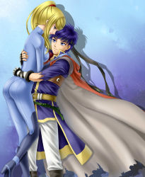 Rule 34 | 1boy, 1girl, armor, ass, belt, blonde hair, blue eyes, blue hair, bodysuit, boots, breasts, cape, couple, crossover, fire emblem, fire emblem: path of radiance, gloves, headband, height difference, hetero, highres, hug, ike (fire emblem), large breasts, long hair, metroid, nintendo, ponytail, samus aran, skin tight, super smash bros., torn clothes, torn sleeves, yuino (fancy party), zero suit