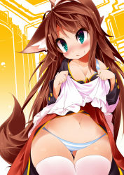 Rule 34 | 1girl, animal ears, aqua eyes, bra strap, breasts, brown hair, cleavage, highres, imaizumi kagerou, koha, long hair, medium breasts, navel, panties, solo, striped clothes, striped panties, sweatdrop, tail, thighhighs, touhou, underwear, white thighhighs, wide hips, wolf ears, wolf tail