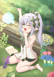 Rule 34 | 1girl, absurdres, book, eyebrows hidden by hair, forest, genshin impact, grasslands, green eyes, grey hair, hair between eyes, hair ornament, hairclip, highres, kensei (ciid), long hair, looking at viewer, mushroom, nahida (genshin impact), nature, open mouth, pointy ears, ponytail, sitting, solo, yawning