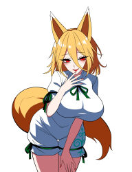 Rule 34 | 1girl, absurdres, animal ears, blonde hair, blush, breasts, fox ears, fox girl, fox tail, green ribbon, hair between eyes, hand on own thigh, hand up, highres, hip focus, kudamaki tsukasa, large breasts, leaning forward, medium hair, red eyes, ribbon, slit pupils, solo, ssaf52913778, tail, thigh gap, thighs, touhou, white romper