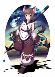 Rule 34 | 1girl, :3, animal ears, brown hair, cat ears, cat tail, earrings, green eyes, hair ornament, highres, holding, jewelry, knife, looking at viewer, multiple tails, original, parted lips, short hair, silhouette, solo, staff, tail, ugume, walking, wide sleeves