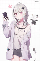 1girl absurdres ahoge arata_ryou asumi_sena asumi_sena_(5th_costume) black_choker black_hair black_shorts black_tail blush cellphone choker creature glasses grey_hair hair_ornament highres holding holding_phone jacket jewelry looking_at_viewer multicolored_hair necklace notice_lines open_mouth phone pink_eyes shirt shorts smartphone solo streaked_hair tail twitter_username two-tone_hair virtual_youtuber vspo!