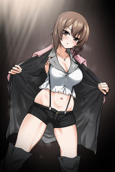 Rule 34 | 1girl, :o, black background, black footwear, black gloves, black shorts, blush, boots, breasts, brown eyes, brown hair, cleavage, coat, colored skin, commentary request, fingerless gloves, girls und panzer, gloves, highres, insignia, jewelry, looking at viewer, medium breasts, midriff, navel, navel piercing, necklace, nishizumi maho, open clothes, open coat, open mouth, opened by self, piercing, pink coat, saitou gabio, shirt, short hair, short shorts, shorts, sleeveless, sleeveless shirt, solo, standing, suspender shorts, suspenders, sweat, thigh boots, thighhighs, white skin