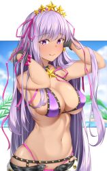 Rule 34 | 1girl, absurdres, bare shoulders, bb (fate), bb (fate) (all), bb (swimsuit mooncancer) (fate), bb (swimsuit mooncancer) (second ascension) (fate), bead bracelet, beads, belt, bikini, black garter belt, black gloves, black shorts, blue sky, blush, bracelet, breasts, cleavage, closed mouth, collarbone, day, earrings, fate/grand order, fate (series), fingerless gloves, garter belt, gloves, hair ornament, hair ribbon, hairband, hands up, highres, jewelry, large breasts, licking lips, lomocya, long hair, looking at viewer, navel, neck ribbon, open fly, purple bikini, purple eyes, purple hair, purple ribbon, ribbon, shorts, sky, smile, solo, star (symbol), star earrings, star hair ornament, studded garter belt, swimsuit, tan, tongue, tongue out, very long hair, white belt