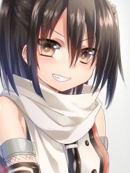 Rule 34 | &gt;:d, 10s, 1girl, :d, bare shoulders, black neckerchief, brown eyes, brown hair, elbow gloves, gloves, grin, hair between eyes, kantai collection, keita (tundereyuina), looking at viewer, neckerchief, necktie, open mouth, scarf, school uniform, sendai (kancolle), sendai kai ni (kancolle), serafuku, short hair, smile, solo, two side up, upper body, v-shaped eyebrows, white scarf